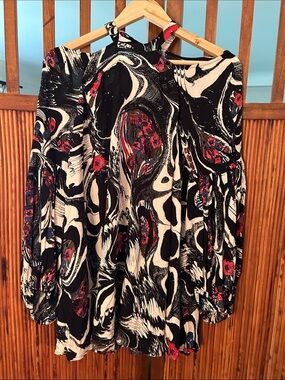Free People Black Soft White Drift Away Cold Shoulder Abstract Mini-Dress